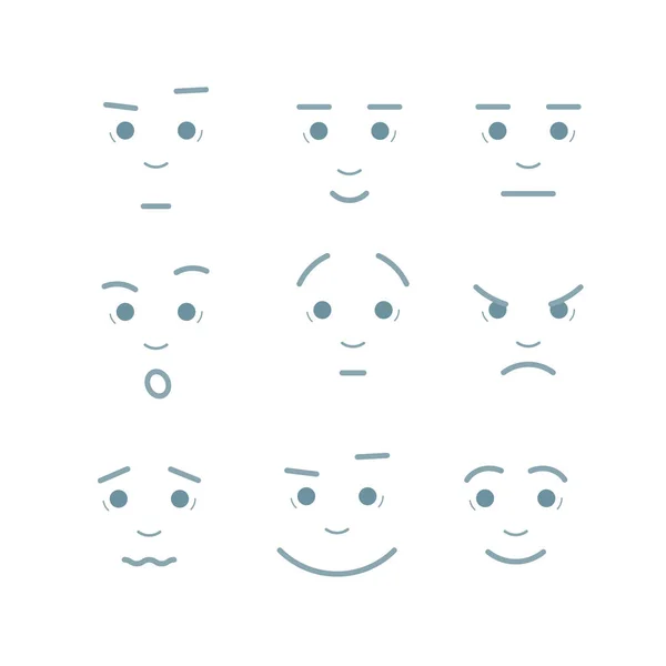 Tecknade ansikten uttryck vektor inställd. Kreativa teman av leenden med olika känslor sorg smärta chock glädje inspiration ilska sorg. — Stock vektor