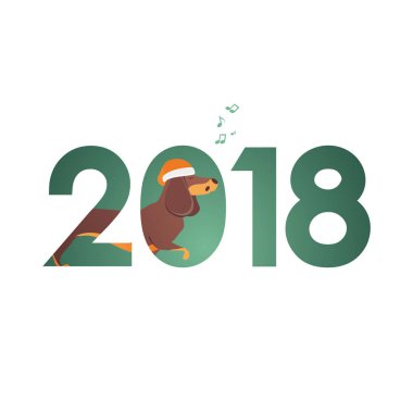 Karikatür çizimi bir köpek sings ve 2018 metin. Kırmızı köpek yıl 2018 sembolü. Vektör çizim.