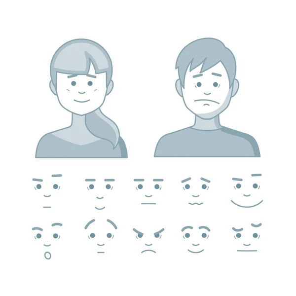Conjunto de diferentes emoções menina e homens no estilo dos desenhos animados. Ilustração vetorial do ícone cinza definido em estilo de linha plana . —  Vetores de Stock