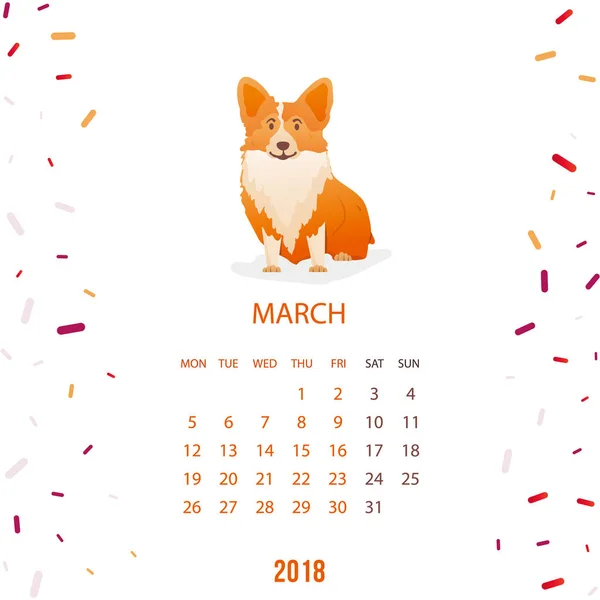 Calendario de Año Nuevo 2018 con un perro en estilo plano — Vector de stock