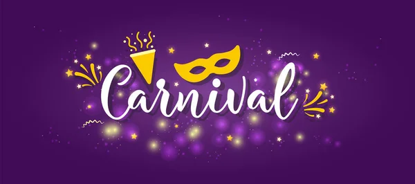 Karnevalsbanner mit Symbolen auf violettem Hintergrund. — Stockvektor