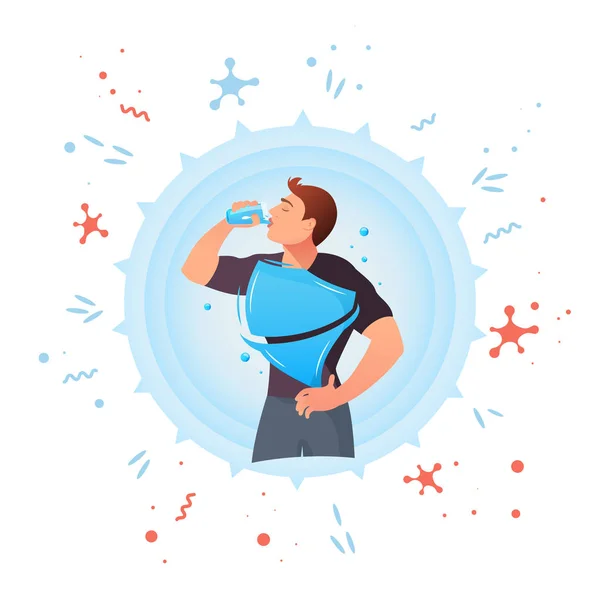 El hombre bebe agua. Protección contra gérmenes — Vector de stock