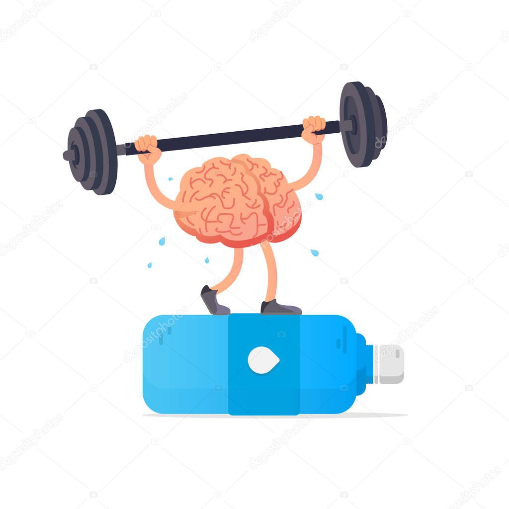 Water and brain. Creative concept brain lifts weights. Cartoon smart brain. Vector illustration. Flat style design