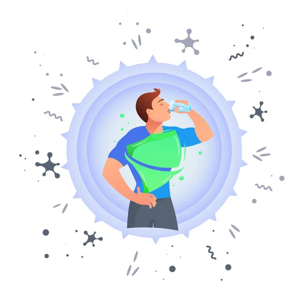 O homem bebe água. Protecção contra germes —  Vetores de Stock