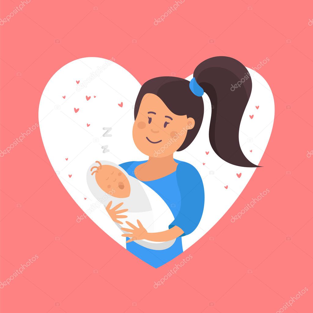 Mother and baby. Tender hugs of mother and her child. Mom hugs her child logo template