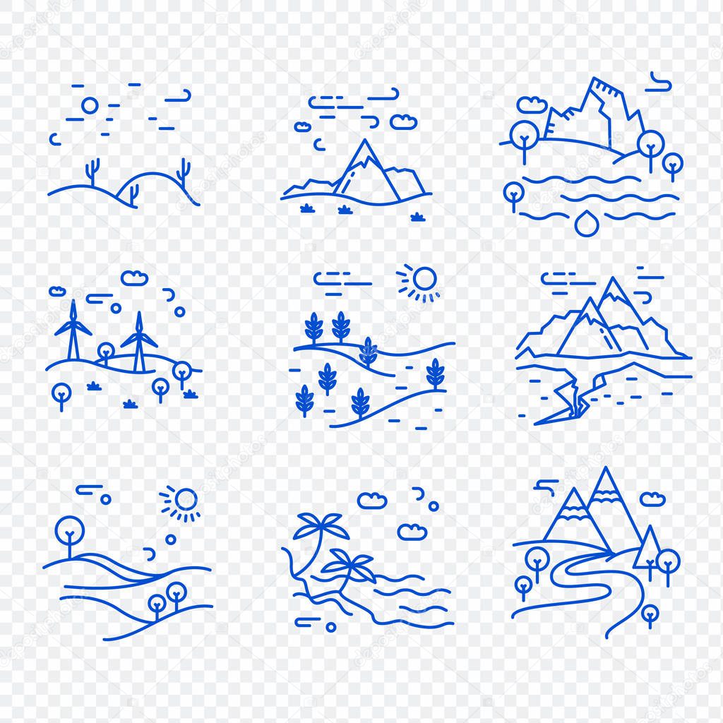 Bright nature forest landscape thin line icons isolated on white. Tree environment linear