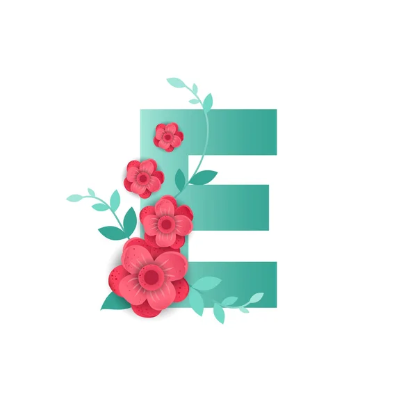 彩色字母 E 与美丽的花朵 — 图库矢量图片