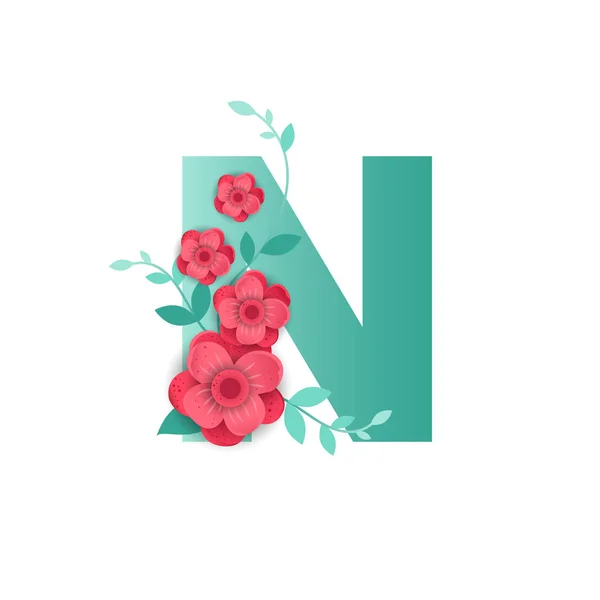 带美丽花朵的彩色字母 N — 图库矢量图片