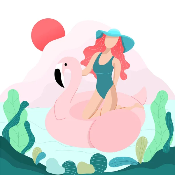 Vector desenho animado verão tempo divertido praia menina com flamingo rosa — Vetor de Stock