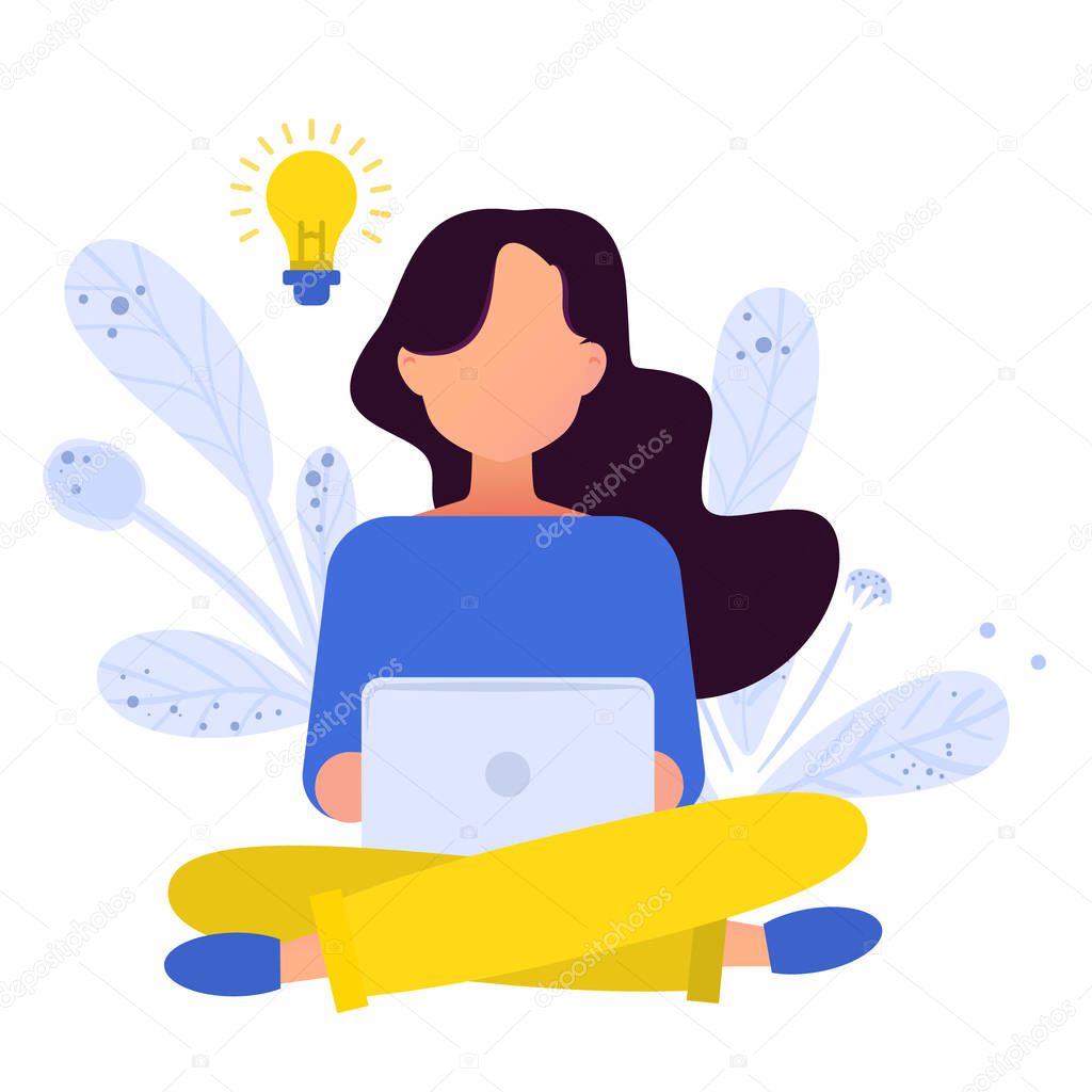 Flat illustration. Girl working with laptop in social networks.