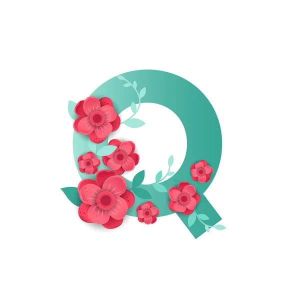 彩色字母 Q 与美丽的花朵 — 图库矢量图片