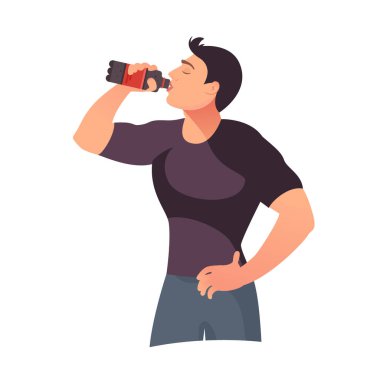 Soda içen genç adam. Soğuk içecek konseptinin tadını çıkar.