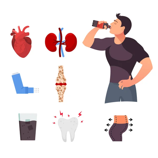 Joven bebiendo refresco y disfrutar de un concepto de bebida fresca. El daño de las bebidas gzied en el cuerpo humano . — Vector de stock