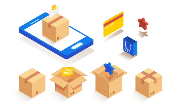 Izometrické krabice pro balicí papír určené pro dodávky a balení zboží. — Stockový vektor