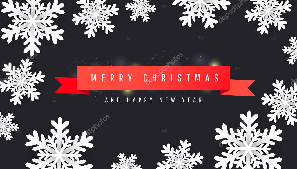Merry Christmas and Happy New Year sale background design with paper cut white snowflakes , red ribbons on dark black background for flyers, poster, web banner