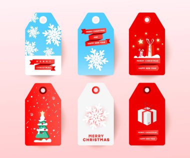 Beyaz arka planda düzenlenebilir tatil dekoru olan Noel indirimi etiketi. Kartopu, Noel ağacı, sürpriz hediyeler ve indirimli metin ile kağıt kesikli etiket.