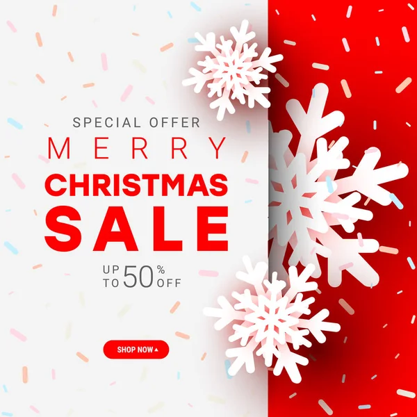 Mutlu Noel posterleri. Kırmızı beyaz Xmas kağıdı, kırmızı arka planda kartopu ile kesilmiş. Vektör illüstrasyonu.