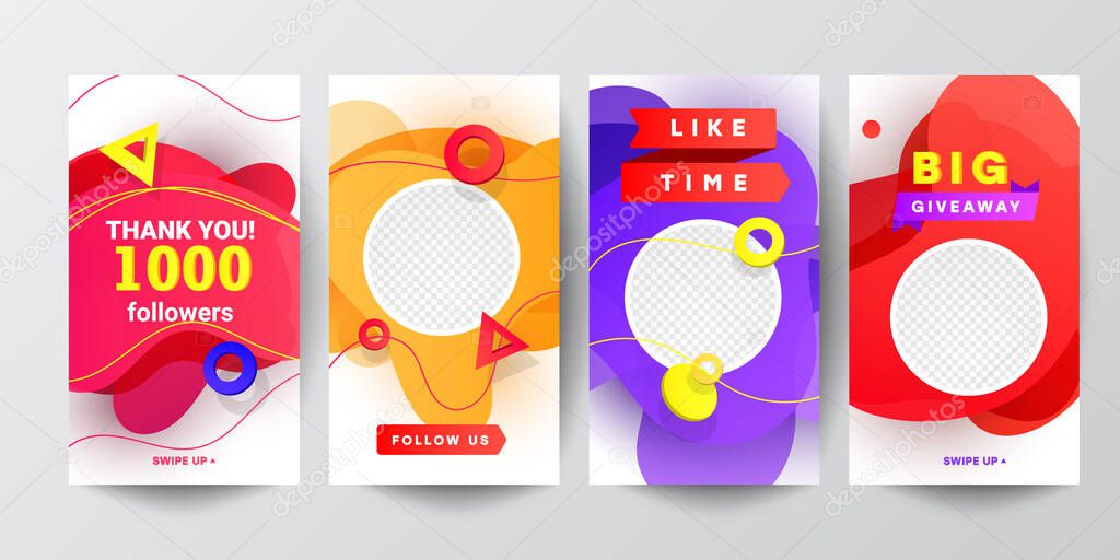 Modern social networks follow us banner set with liquid gradient shapes, with triangular speed round decor elements and editable photo isolated on background. Can use for, website, mobile app, poster, flyer, coupon, gift card, smartphone template, we
