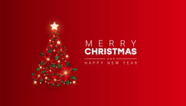 Kırmızı noktalı çiçeklerden, yıldızlardan ve kırmızı bordo bir arka planda ışıklandırmadan yapılmış Noel ağacıyla yaratıcı asgari arkaplan