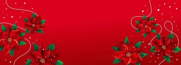 Frohe Weihnachten Hintergrund mit Weihnachtsblume Weihnachtsstern und Grußtext auf rotem Hintergrund. — Stockvektor