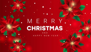 Noel çiçeğiyle mutlu Noeller ve afişler, afişler, el ilanları, kartlar için kırmızı bir zemin üzerinde selamlaşma metni.