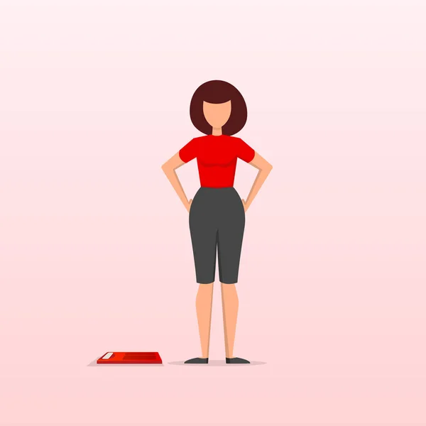 Concepto de plan de adelgazamiento. Una joven o una mujer están de pie al lado de la balanza. Dieta y nutrición adecuada — Vector de stock