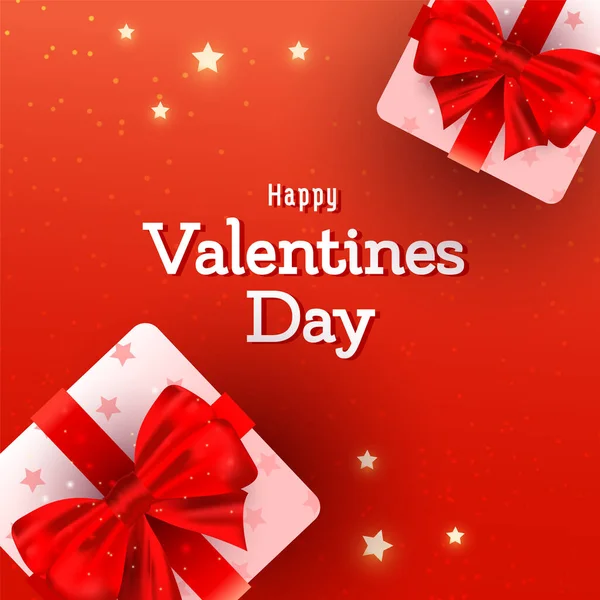 Valentinstag Hintergrund mit schönen Überraschungs-Geschenk-Boxen mit roten Schleifen und in rosa Geschenkpapier auf rotem Hintergrund mit Kopierraum — Stockvektor