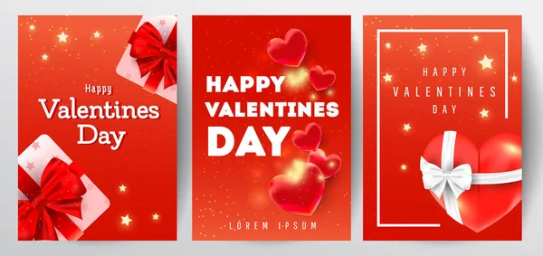 Szczęśliwe Walentynki kartka z pozdrowieniami zestaw 3d serca, realistyczne pudełka i musujące złote konfetti na ciemnym tle — Wektor stockowy