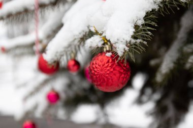 Mutlu Noeller ve mutlu bayramlar tebrik kartı ya da afişler, süslü kırmızı oyuncak balosu ve Noel ağacı. Yeni Yıl.