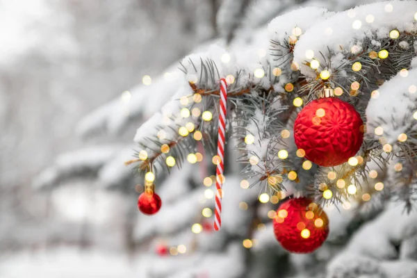 Cam toplarla süslenmiş, ışıl ışıl arka planda oyuncaklarla süslenmiş güzel bir Noel ağacı..