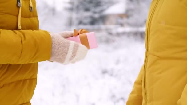 Θηλυκά χέρια κρατούν ένα κουτί έκπληξη δώρο με ένα χρυσό τόξο σε φόντο ενός χειμερινού τοπίου. Δώρο και Καλά Χριστούγεννα και Ευτυχισμένο το Νέο Έτος — Αρχείο Βίντεο
