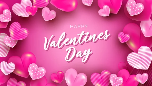 Walentynki wektor baner szablon z różowym 3d elementów balon serca w powietrzu na różowym tle — Wektor stockowy