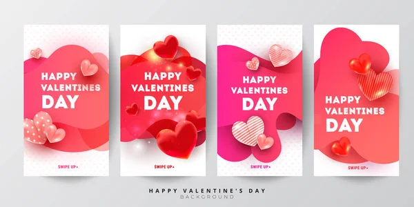 Trendy Valentines day editable social stories template set of liquid gradient red 3d heart decor and greeting text. Ilustración vectorial para redes sociales, blogs, banners o pósters o vales. Vert. — Vector de stock