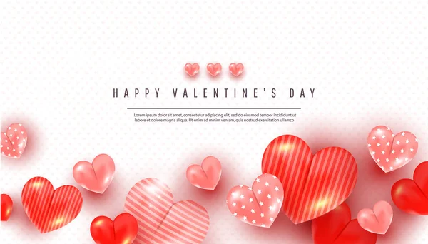 Valentinstag Grußkarte oder Gratulation mit 3d Liebe Herzformen in verschiedenen Größen und Text auf weißem Hintergrund — Stockvektor