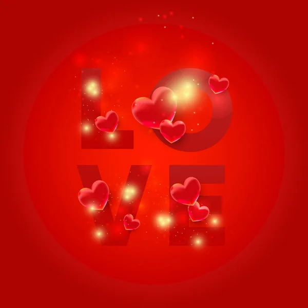 Lettere d'amore con cuori 3d. Forme d'amore con brillantini chiari su uno sfondo rosso. Biglietto di San Valentino — Vettoriale Stock