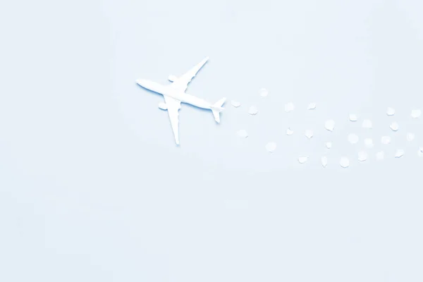 Minimal creative composition of one model toy airplane with color petals on a blue background — Stock Photo, Image