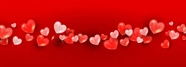 Concept réaliste de Saint-Valentin avec décor de coeur 3D rouge doux sur un fond rouge. Bannière horizontale pour article, rabais, affiche, invitation — Image vectorielle
