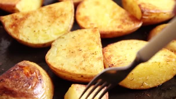 Vrouwelijke hand met een vork neemt een schijfje aardappelen en zet op een bord — Stockvideo