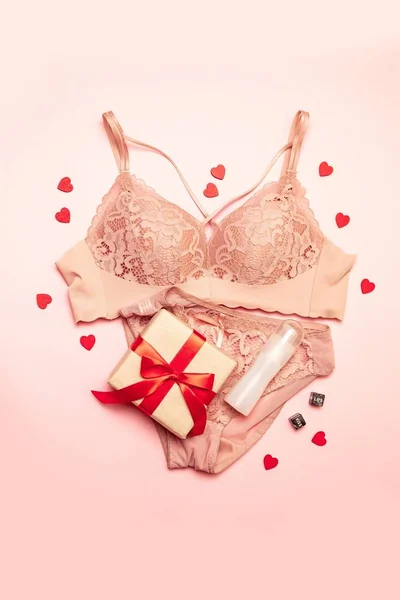 Premium Photo  Red sexy bra and panties on pink background women sexy  underwear set with roses and perfume gift idea for womens day or valentines  day with copy space surprise for