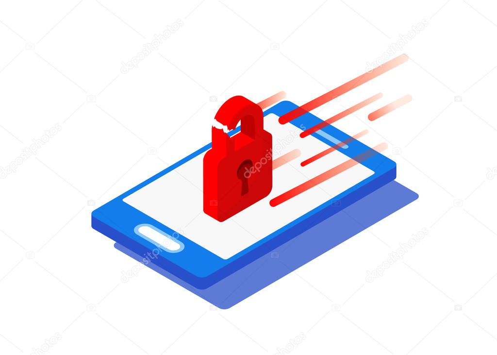 Network Security Protection Technology. Isometric smartphone and red broken lock with virus attack. Hacker hacking of personal information and data from a personal smart device