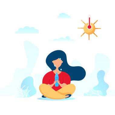 Extreme heat concept of a young girl feeling bad sits in a lotus position and holds a plastic bottle outside under the scorching sun. Hot weather, summertime season clipart