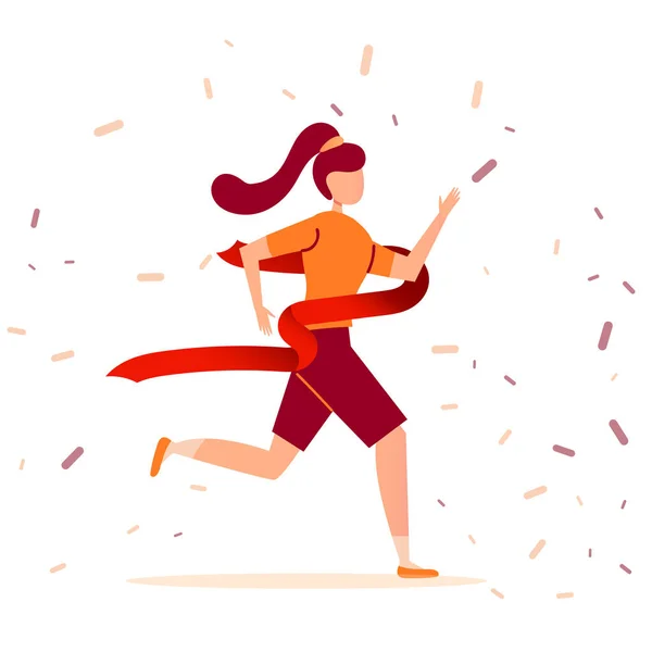 Young Brunette Athlete Girl Runs Marathon Finishes First Finish Line — Stock Vector