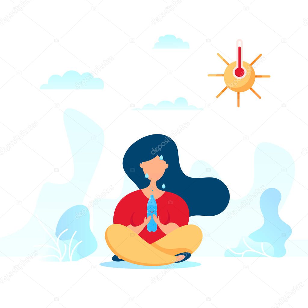 Extreme heat concept of a young girl feeling bad sits in a lotus position and holds a plastic bottle outside under the scorching sun. Hot weather, summertime season