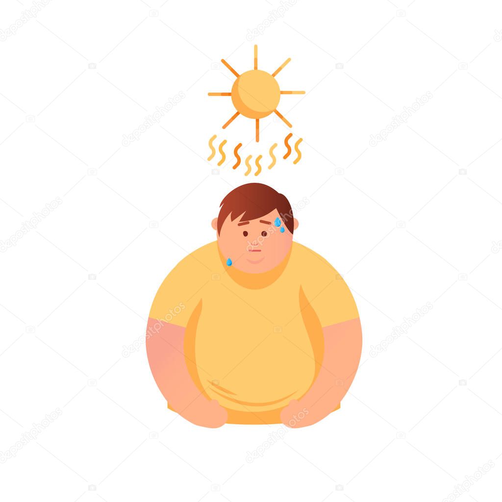 Cartoon vector illustration of a fat man sweats from abnormal hot weather under the sun, flat lay style. Hot weather, summertime season