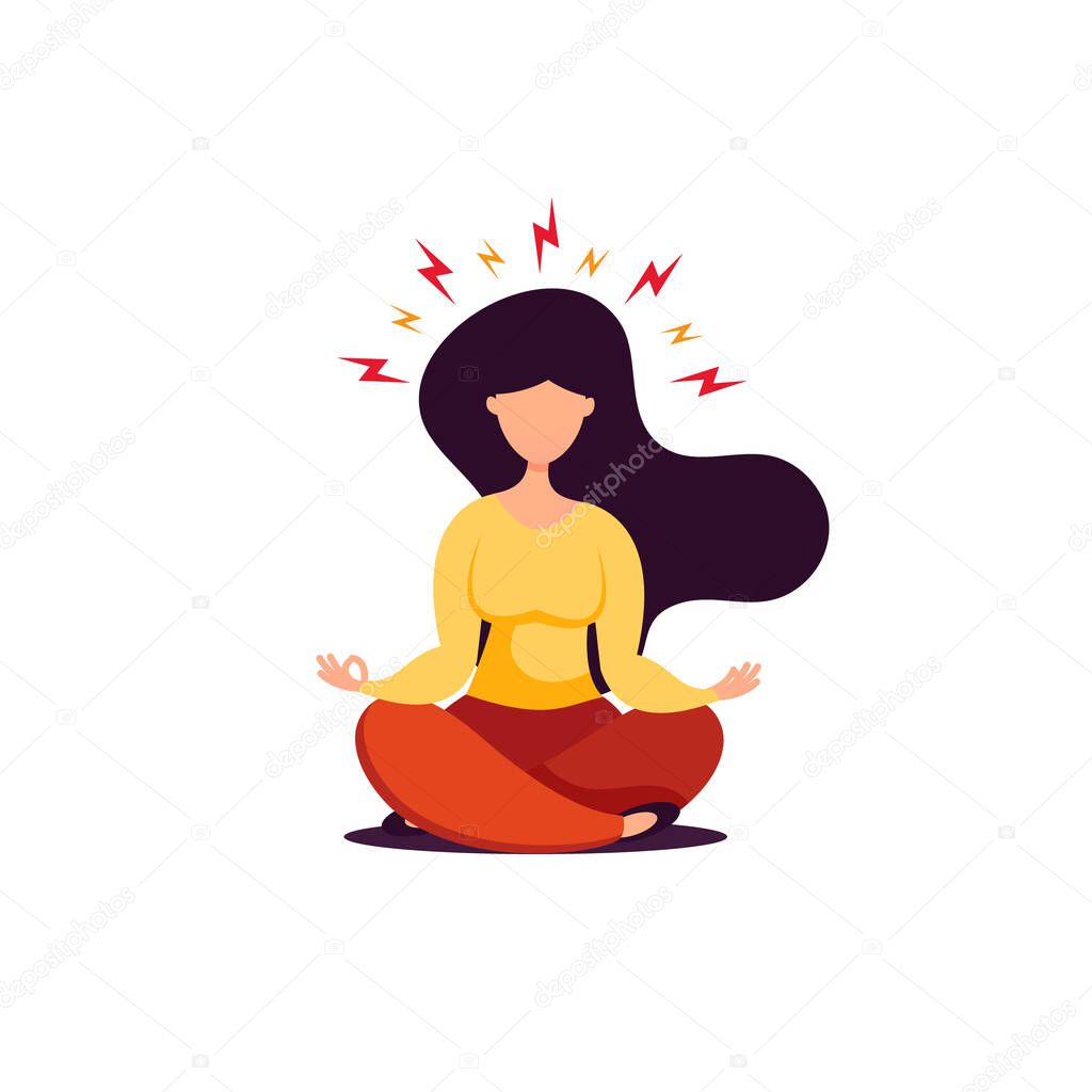 Young brunette woman sitting in lotus position and doing yoga, flat style. Stress concept vector illustration.