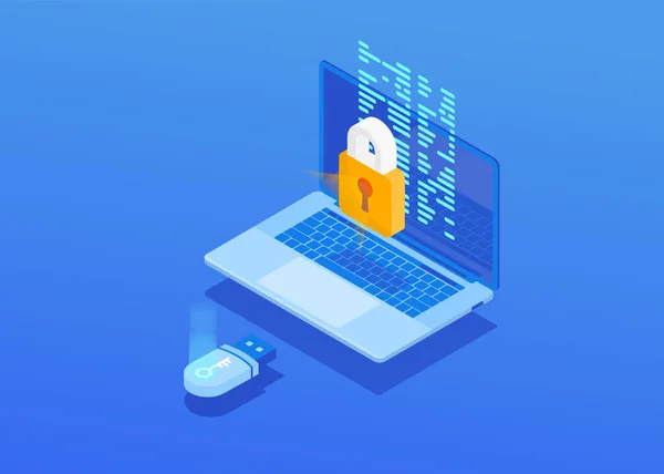 Isometric vector composition of laptop screen of with a closed lock, flash card on a blue background. — Διανυσματικό Αρχείο