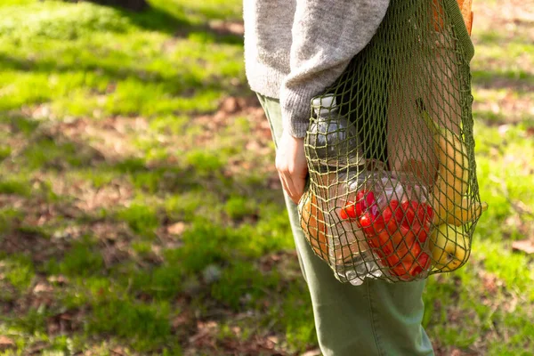여성들은 유기농 음식이 담긴 녹색의 에코 면 현수막을 손에 쥐고 있습니다. 자연을 돌봄 — 스톡 사진
