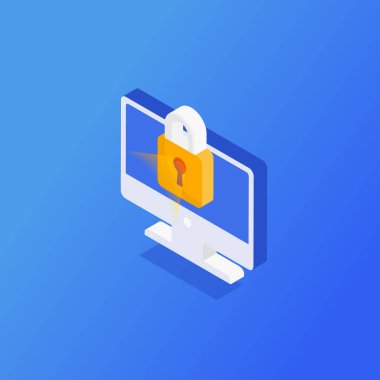 Kişisel verilerin korunmasının 3 boyutlu izometrik vektör çizimi, bilgisayardaki hacker saldırılarının fotoğrafı.