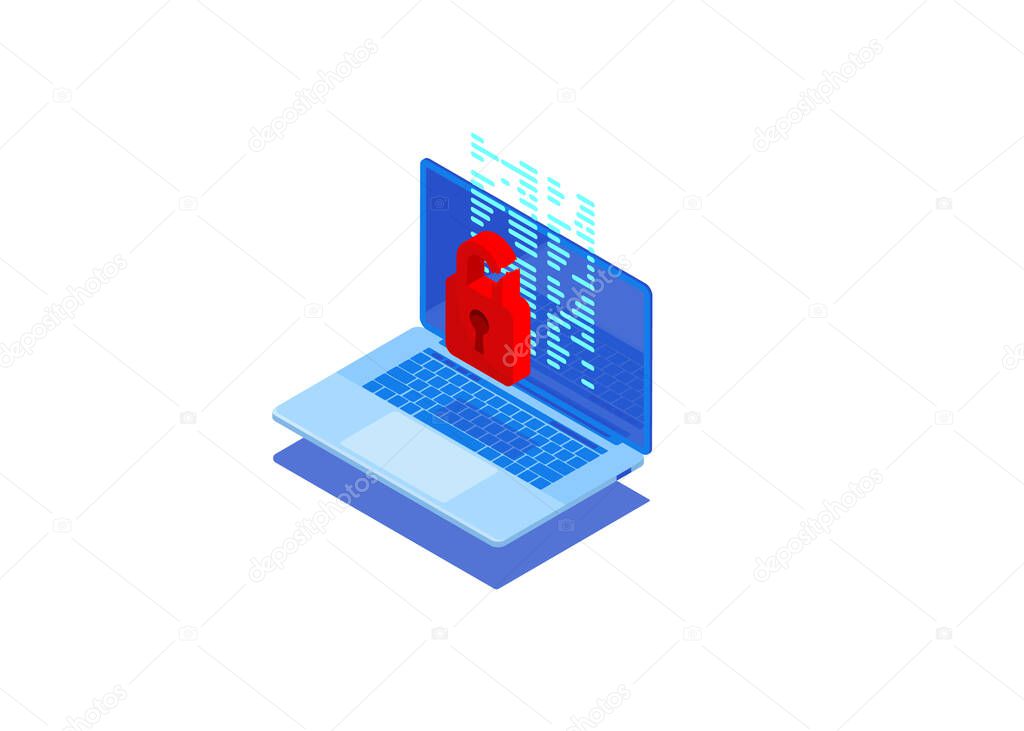 Cyberattack and virus protection concept. Isometrics PC device and red locked padlock on blue background.