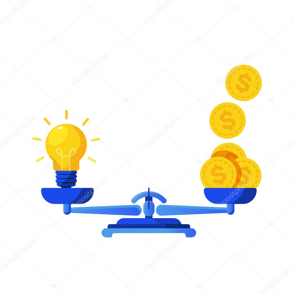 Idea light bulband a lot of gold dollar coins balance on scales. Metaphor vector illustration.